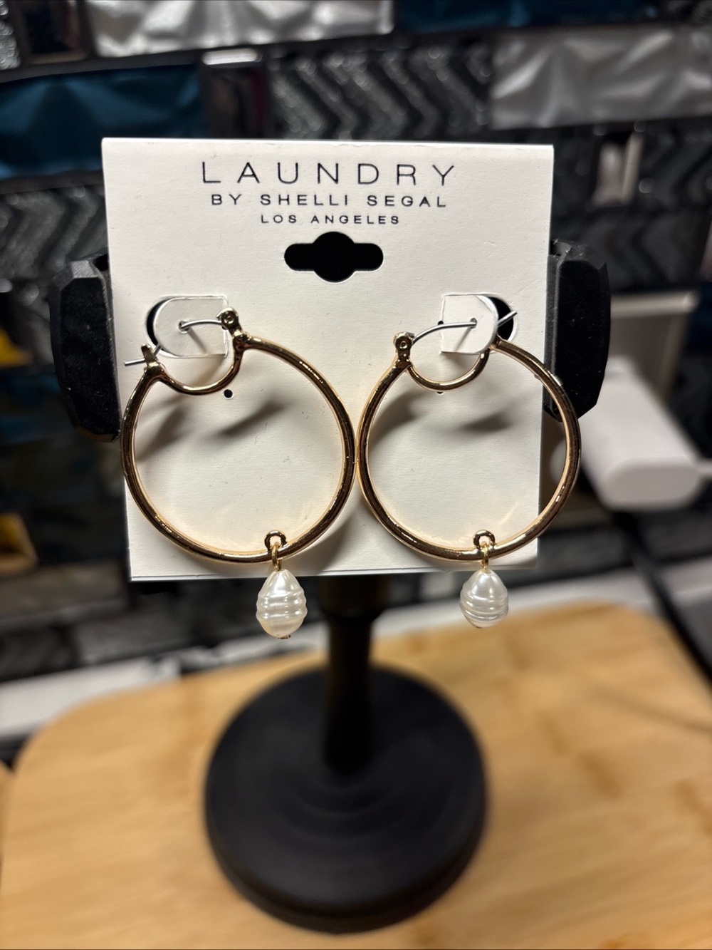 Laundry By Shelli Segal Gold Hoop Earrings with White Pearl Drops